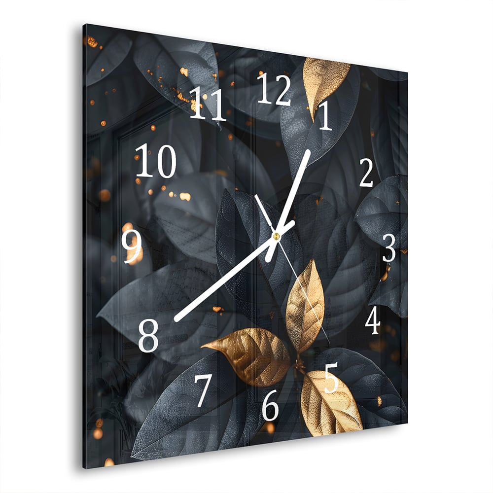 Wandklok 30x30 - Gehard Glas - Zwart/Goud Gebladerte Patroon