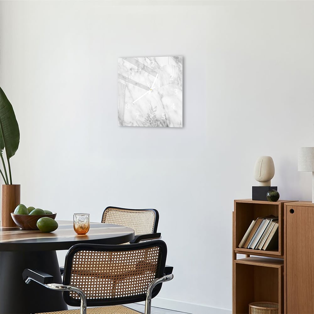 Wandklok 30x30 - Gehard Glas - Wit Marmer met Zwarte Aderen