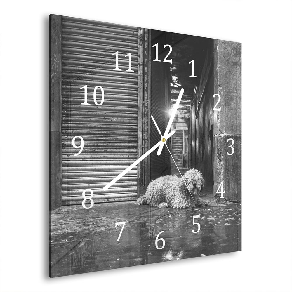 Wandklok 30x30 - Gehard Glas - Zwart-Wit Hond op Straat