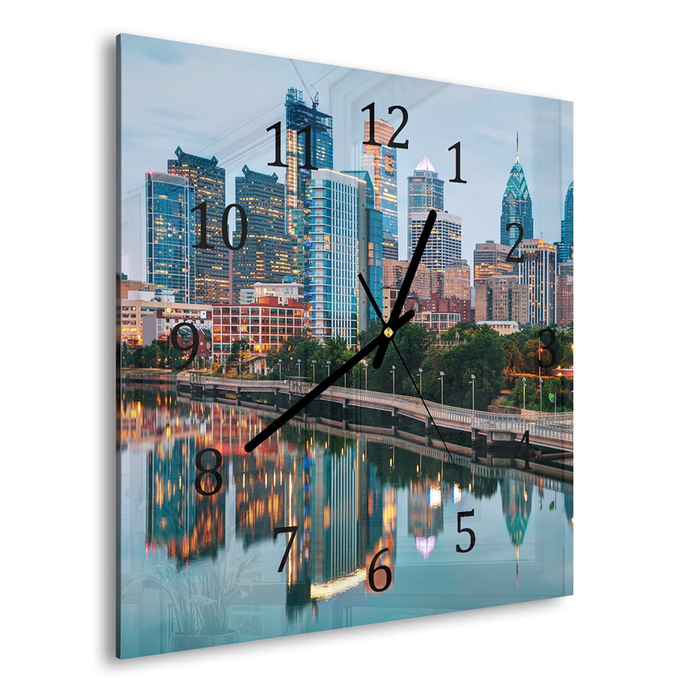 Wandklok 30x30 - Gehard Glas - Philadelphia Skyline bij Nacht