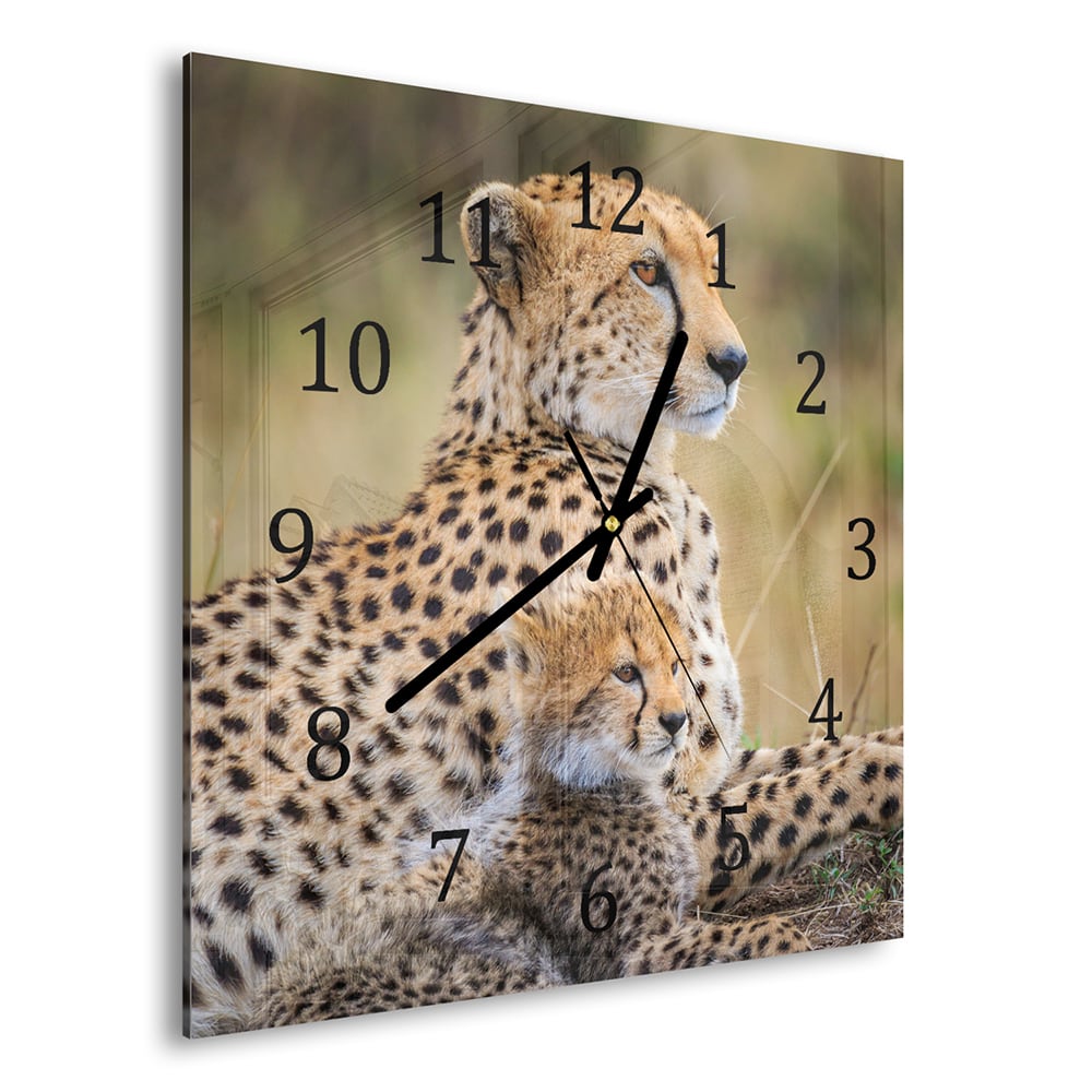 Wandklok 30x30 - Gehard Glas - Cheetah met Pup