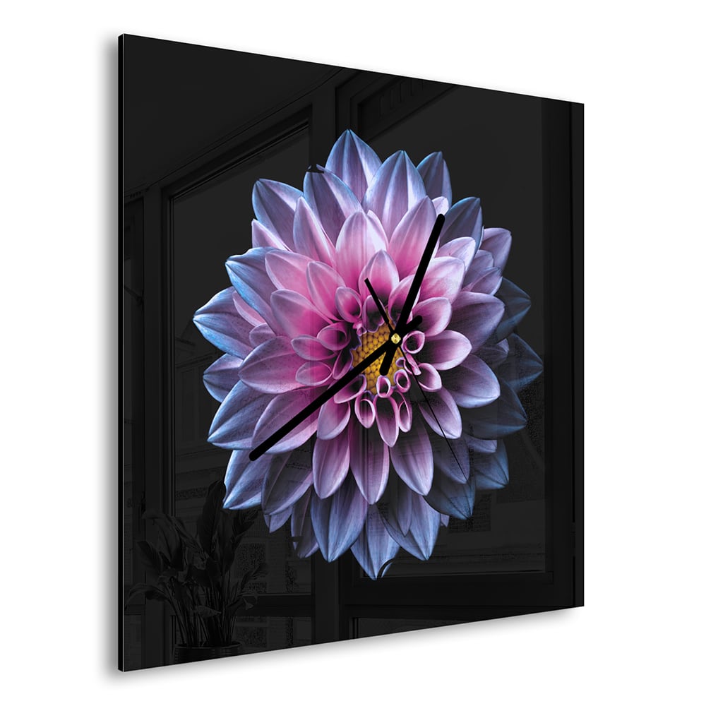 Wandklok 30x30 - Gehard Glas - Blauw/Roze Dahlia