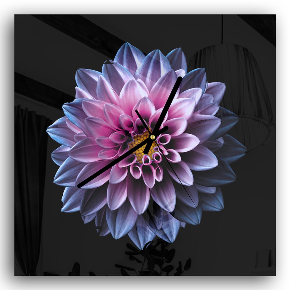 Wandklok 30x30 - Gehard Glas - Blauw/Roze Dahlia