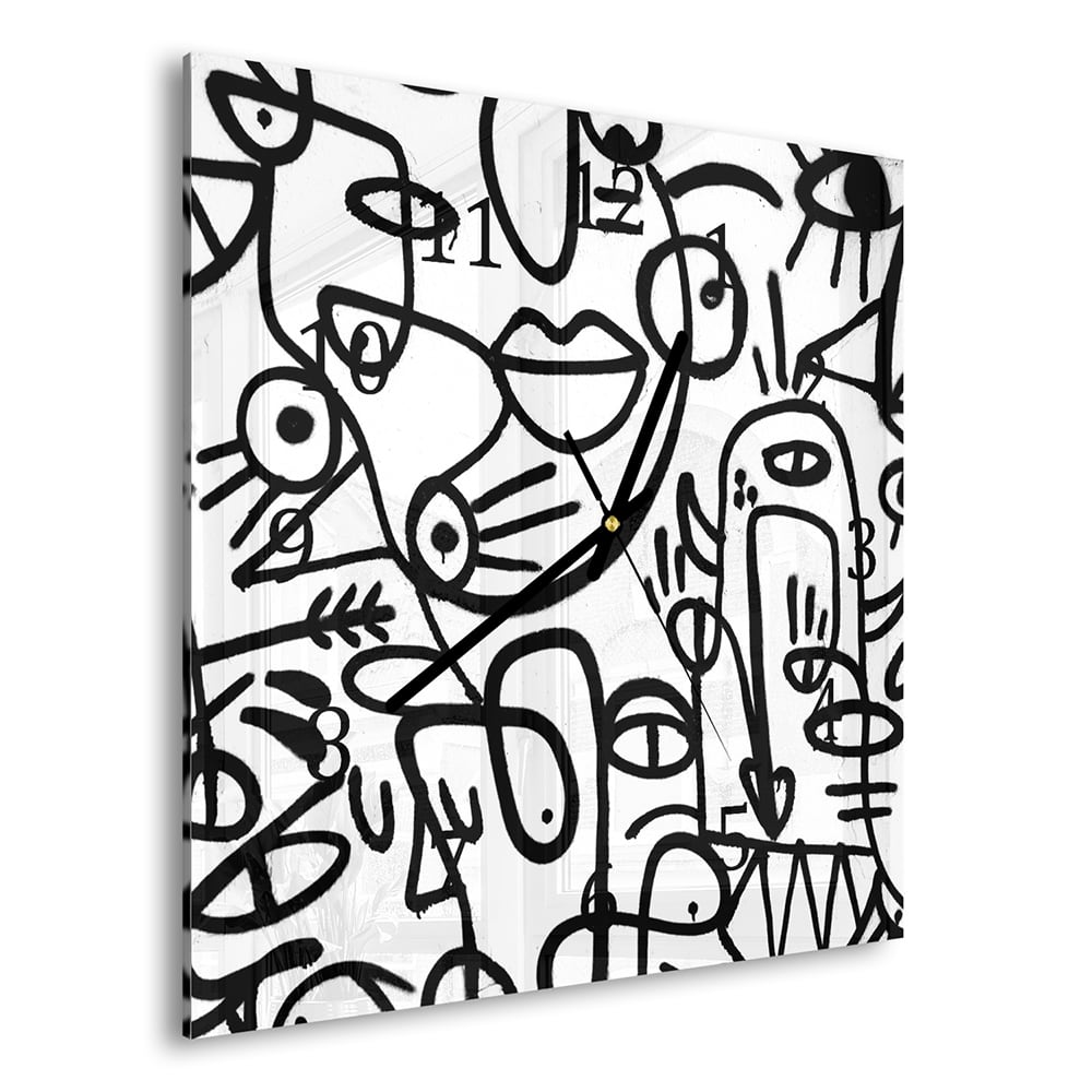 Wandklok 30x30 - Gehard Glas - Zwart-wit Graffiti Patroon