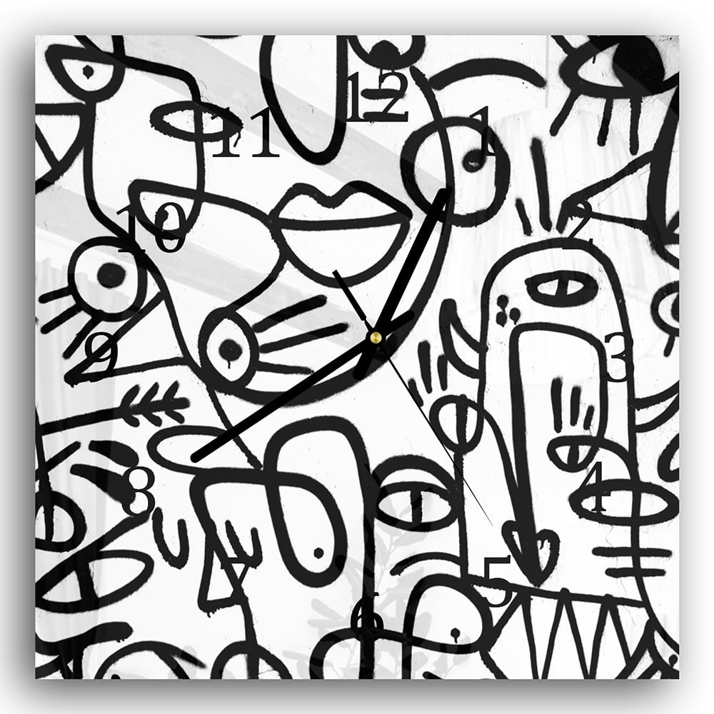 Wandklok 30x30 - Gehard Glas - Zwart-wit Graffiti Patroon