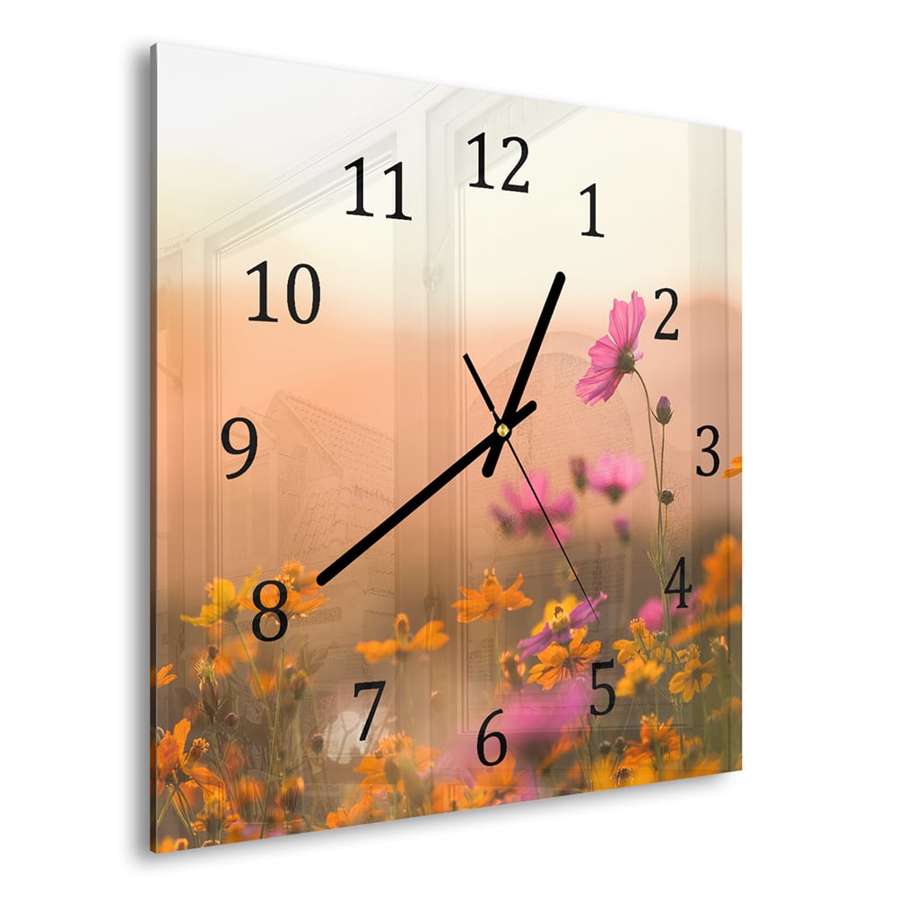 Wandklok 30x30 - Gehard Glas - Kleurrijke Bloemen bij Zonsondergang