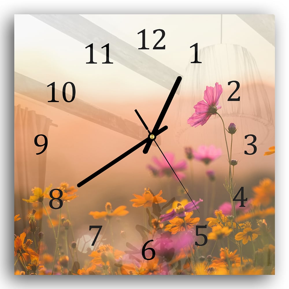 Wandklok 30x30 - Gehard Glas - Kleurrijke Bloemen bij Zonsondergang