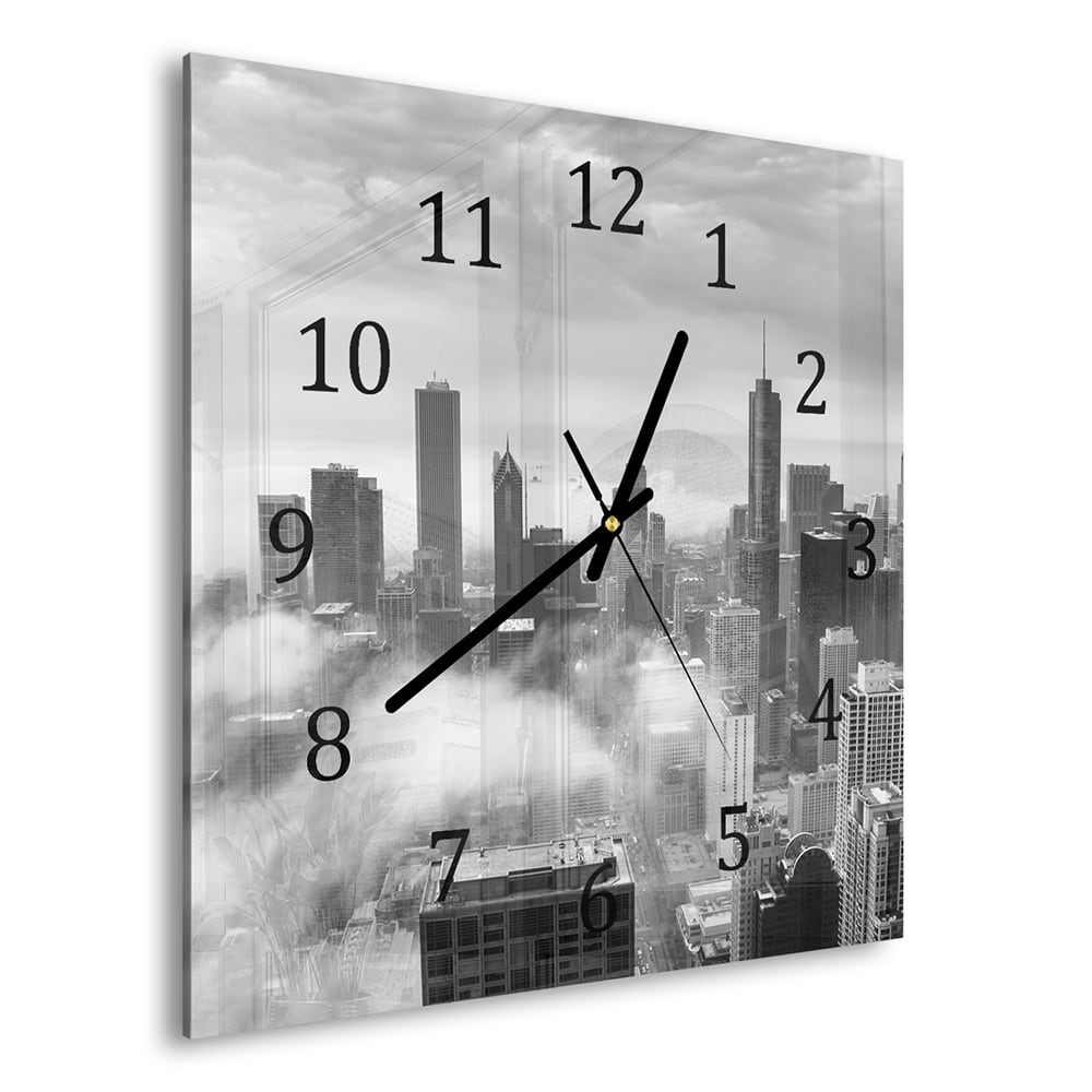 Wandklok 30x30 - Gehard Glas - Chicago Skyline in de Mist