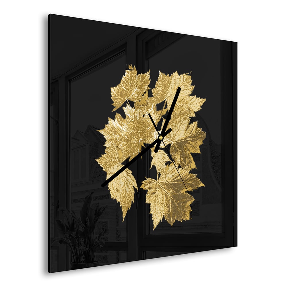 Wandklok 30x30 - Gehard Glas - Gouden Bladeren Patroon