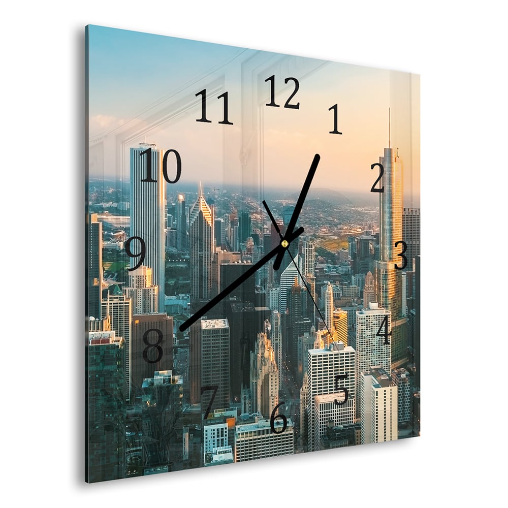 Wandklok 30x30 - Gehard Glas - Chicago Skyline bij Zonsondergang