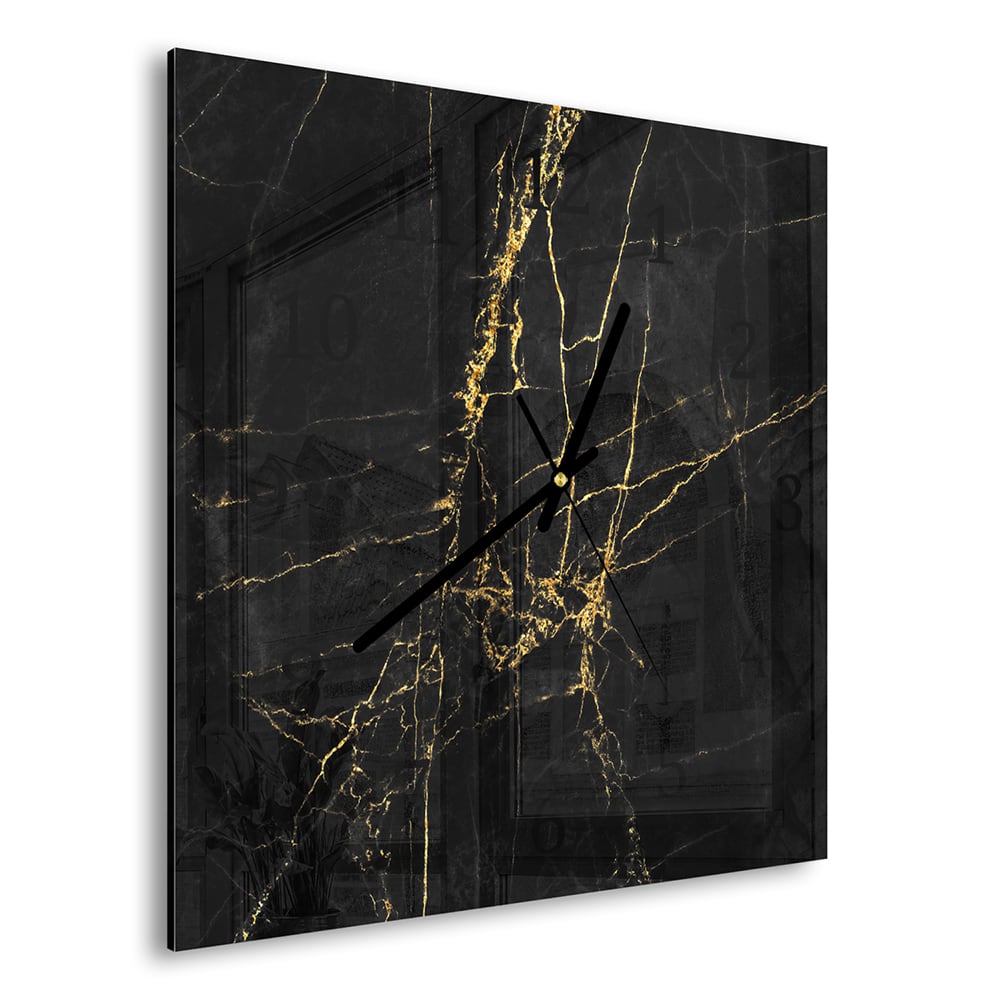 Wandklok 30x30 - Gehard Glas - Elegante Zwart-Gouden Marmer