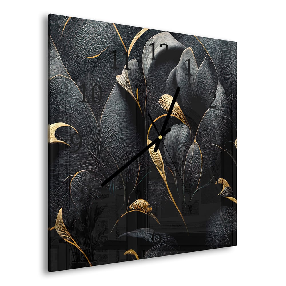 Wandklok 30x30 - Gehard Glas - Luxe Zwarte en Gouden Bloemenpatroon