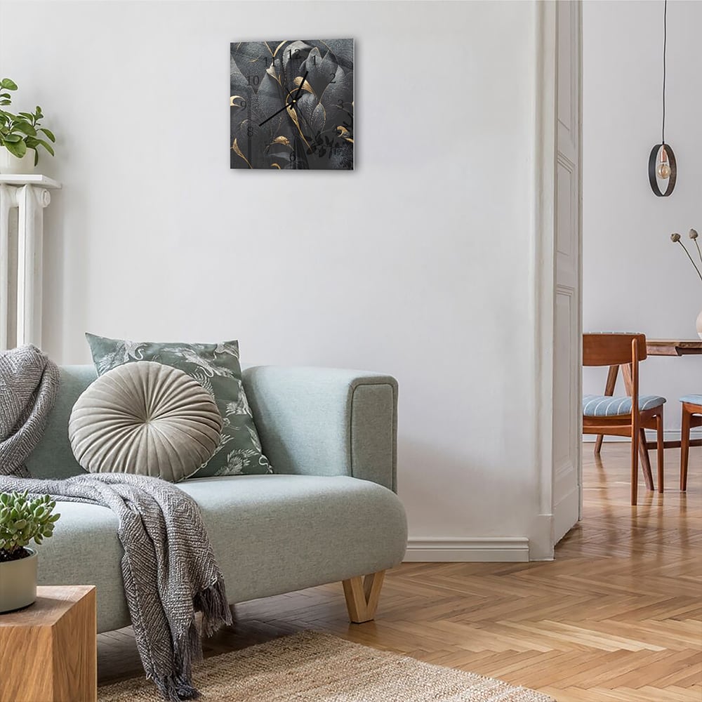 Wandklok 30x30 - Gehard Glas - Luxe Zwarte en Gouden Bloemenpatroon