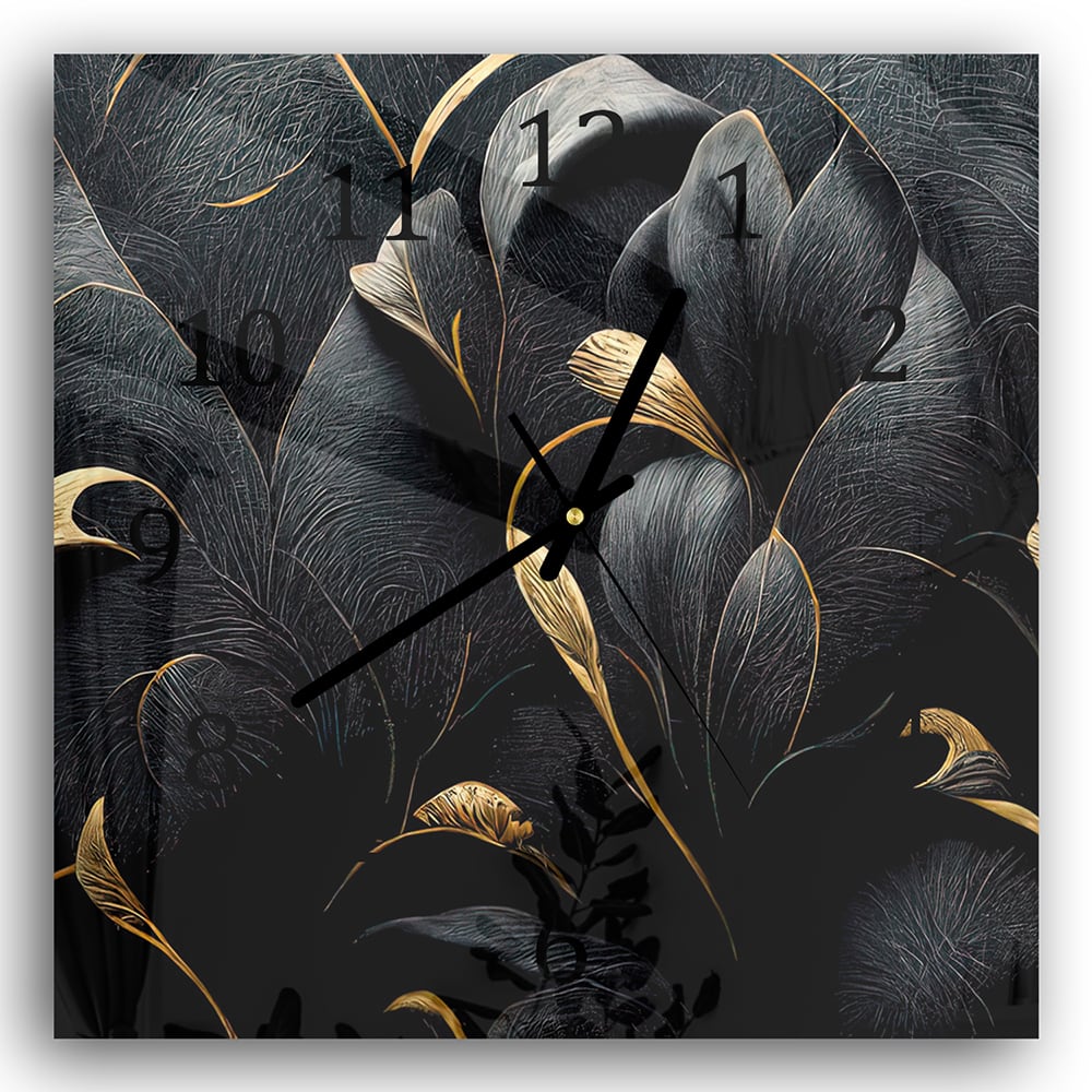 Wandklok 30x30 - Gehard Glas - Luxe Zwarte en Gouden Bloemenpatroon
