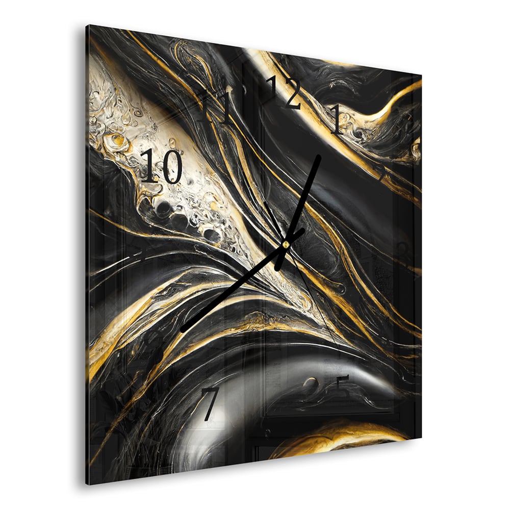 Wandklok 30x30 - Gehard Glas - Abstracte Goud en Zwart Marmer