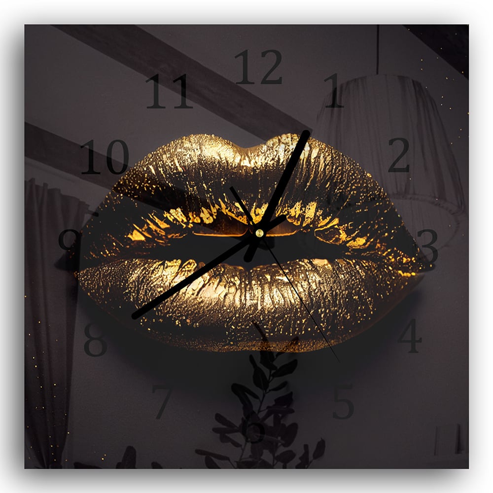Wandklok 30x30 - Gehard Glas - Gouden lippen op zwarte achtergrond