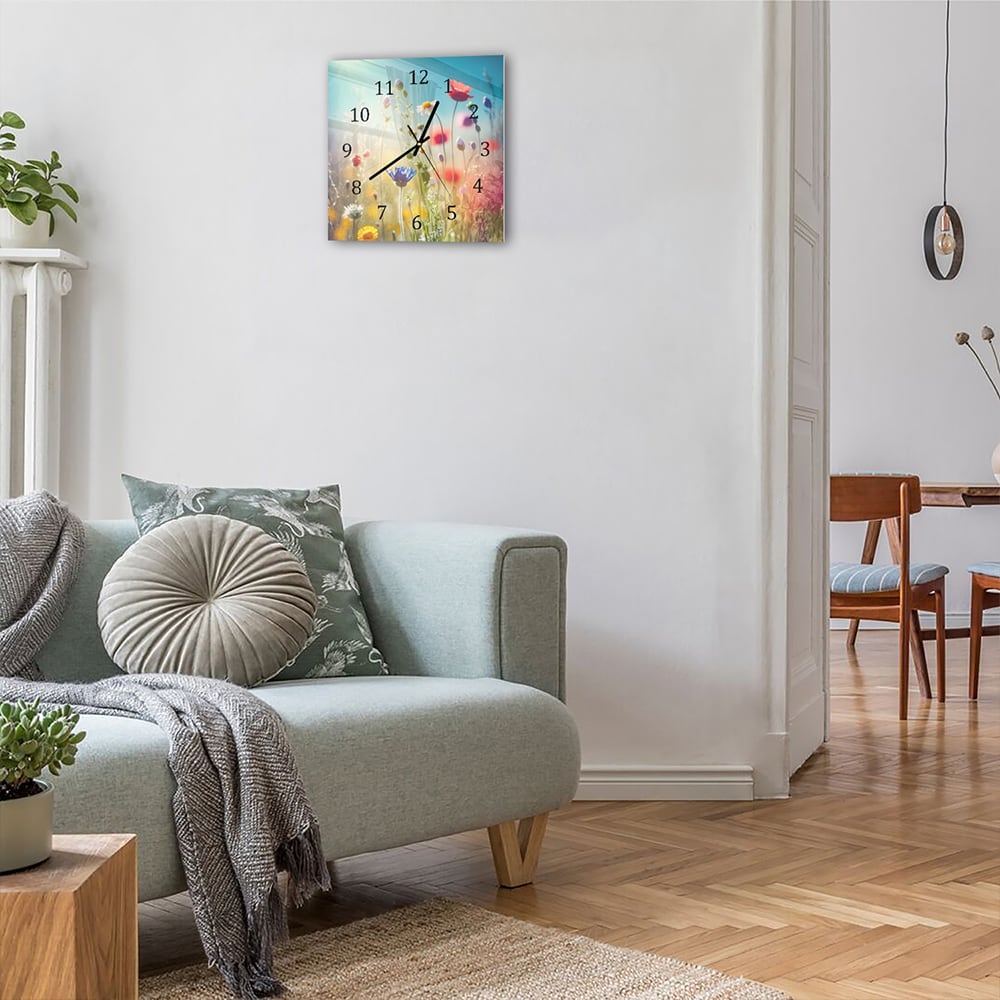 Wandklok 30x30 - Gehard Glas - Kleurrijke Wildbloemenweide