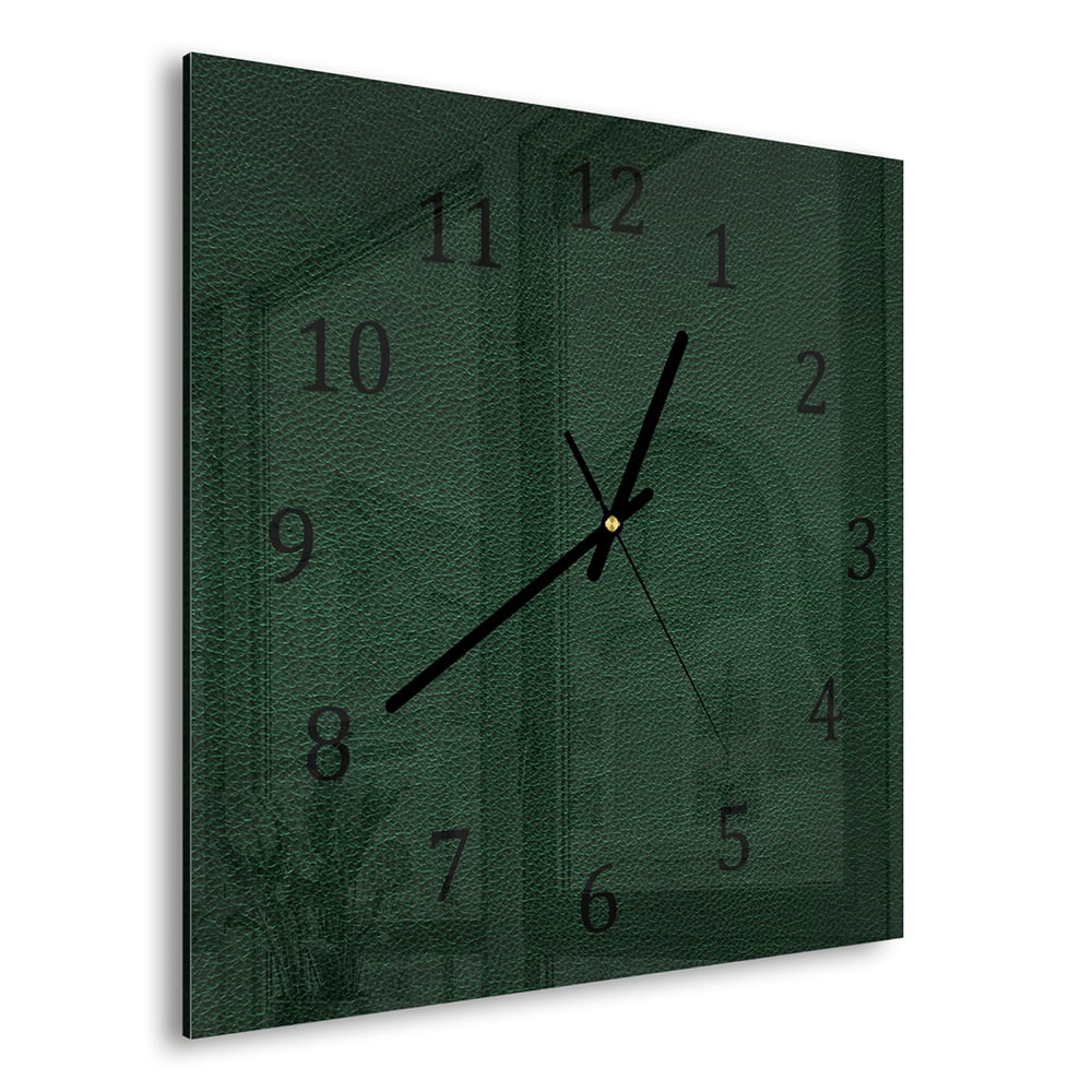 Wandklok 30x30 - Gehard Glas - Donkergroen Leer