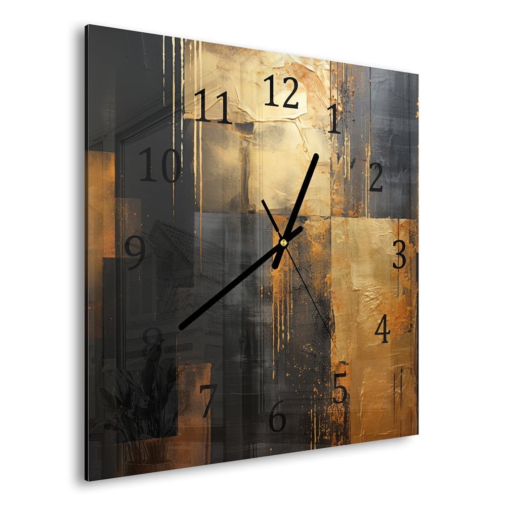 Wandklok 30x30 - Gehard Glas - Goud/Zwart Abstract schilderij