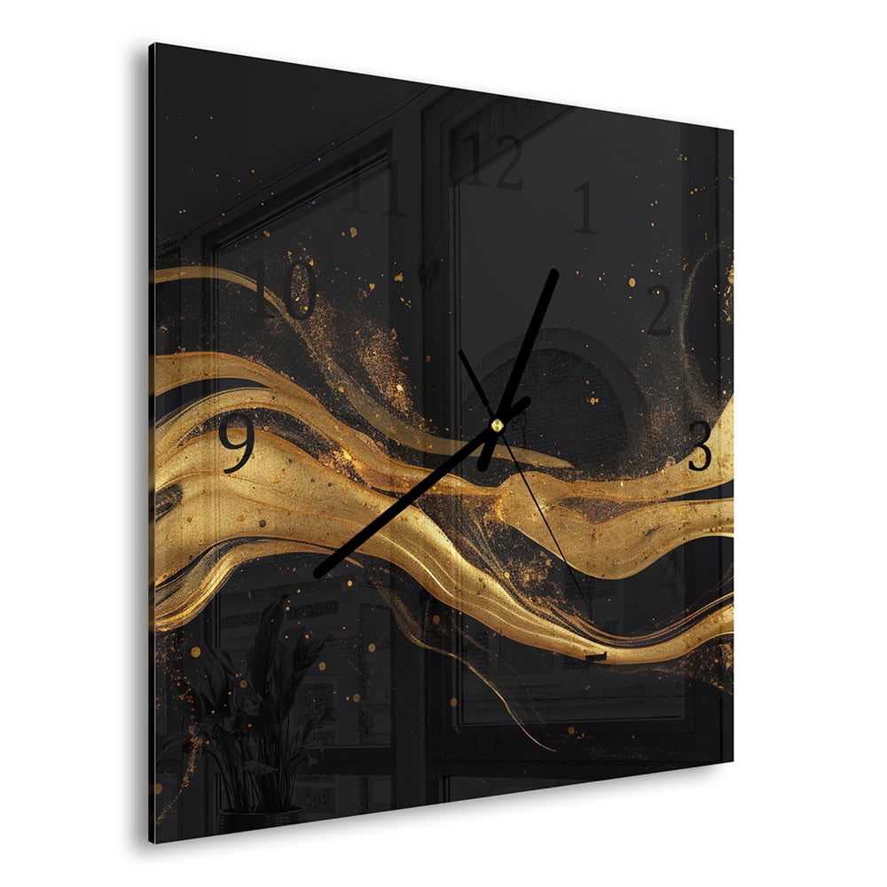Wandklok 30x30 - Gehard Glas - Abstracte luxe goud-zwart achtergrond