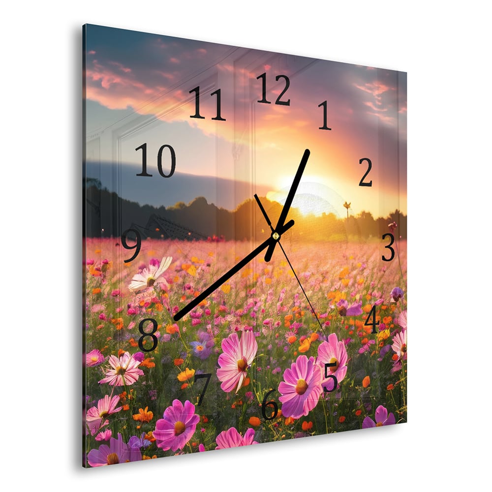 Wandklok 30x30 - Gehard Glas - Zomerbloemen bij Zonsondergang