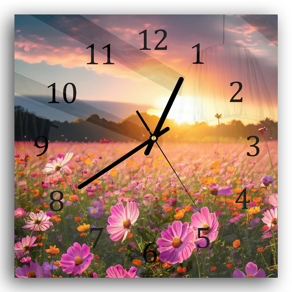 Wandklok 30x30 - Gehard Glas - Zomerbloemen bij Zonsondergang