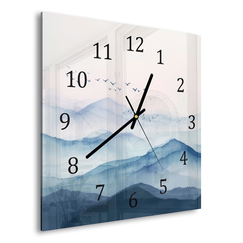Wandklok 30x30 - Gehard Glas - Waterverf Schilderij Mistige Bergen