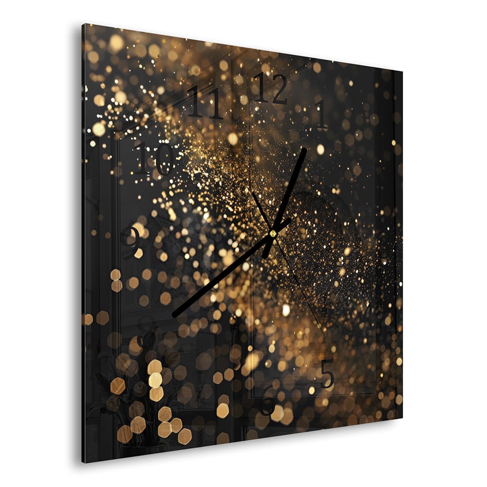 Wandklok 30x30 - Gehard Glas - Zwarte Achtergrond met Gouden Glitter