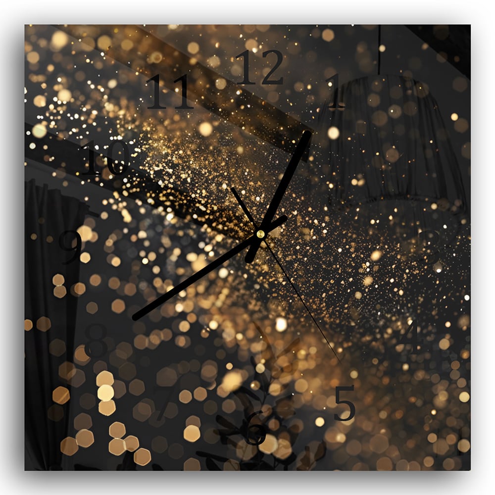 Wandklok 30x30 - Gehard Glas - Zwarte Achtergrond met Gouden Glitter