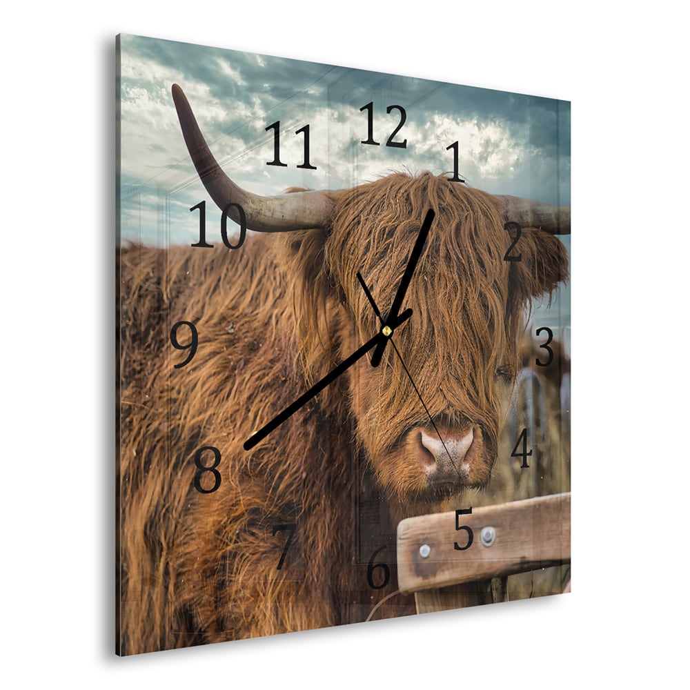 Wandklok 30x30 - Gehard Glas - Schotse Hooglander in de Weide