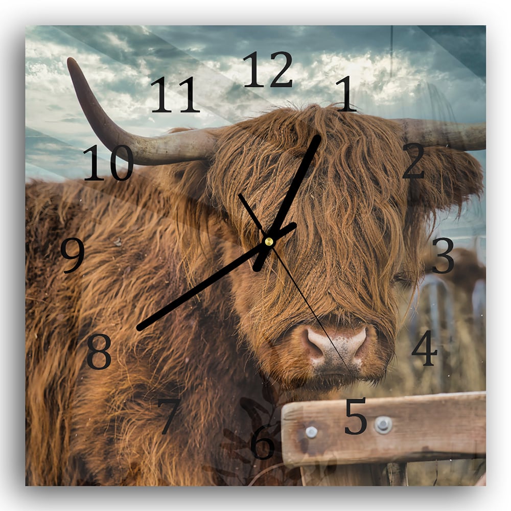 Wandklok 30x30 - Gehard Glas - Schotse Hooglander in de Weide