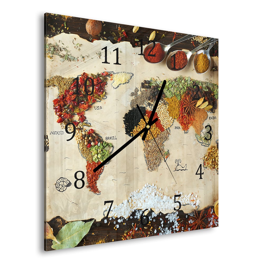 Wandklok 30x30 - Gehard Glas - Wereldkaart van Specerijen