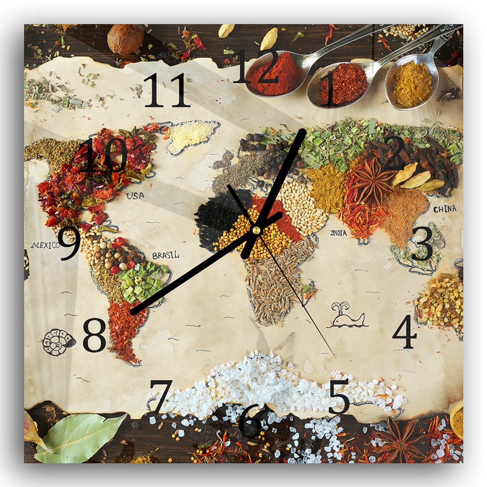 Wandklok 30x30 - Gehard Glas - Wereldkaart van Specerijen
