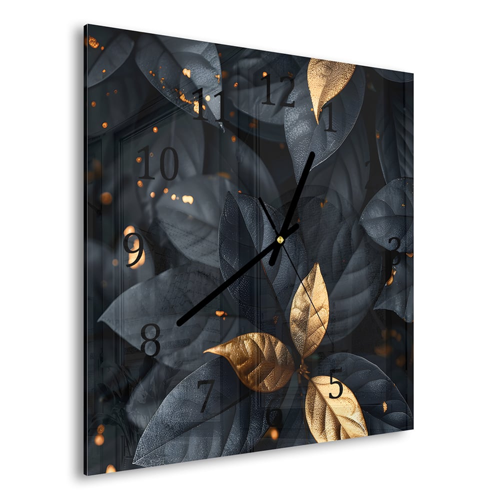 Wandklok 30x30 - Gehard Glas - Zwart/Goud Gebladerte Patroon