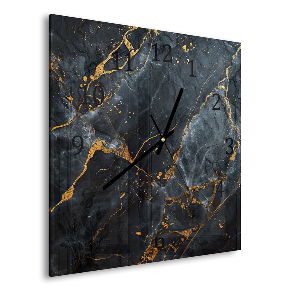 Wandklok 30x30 - Gehard Glas - Vloeiende Kunst Marmer Zwart/Goud
