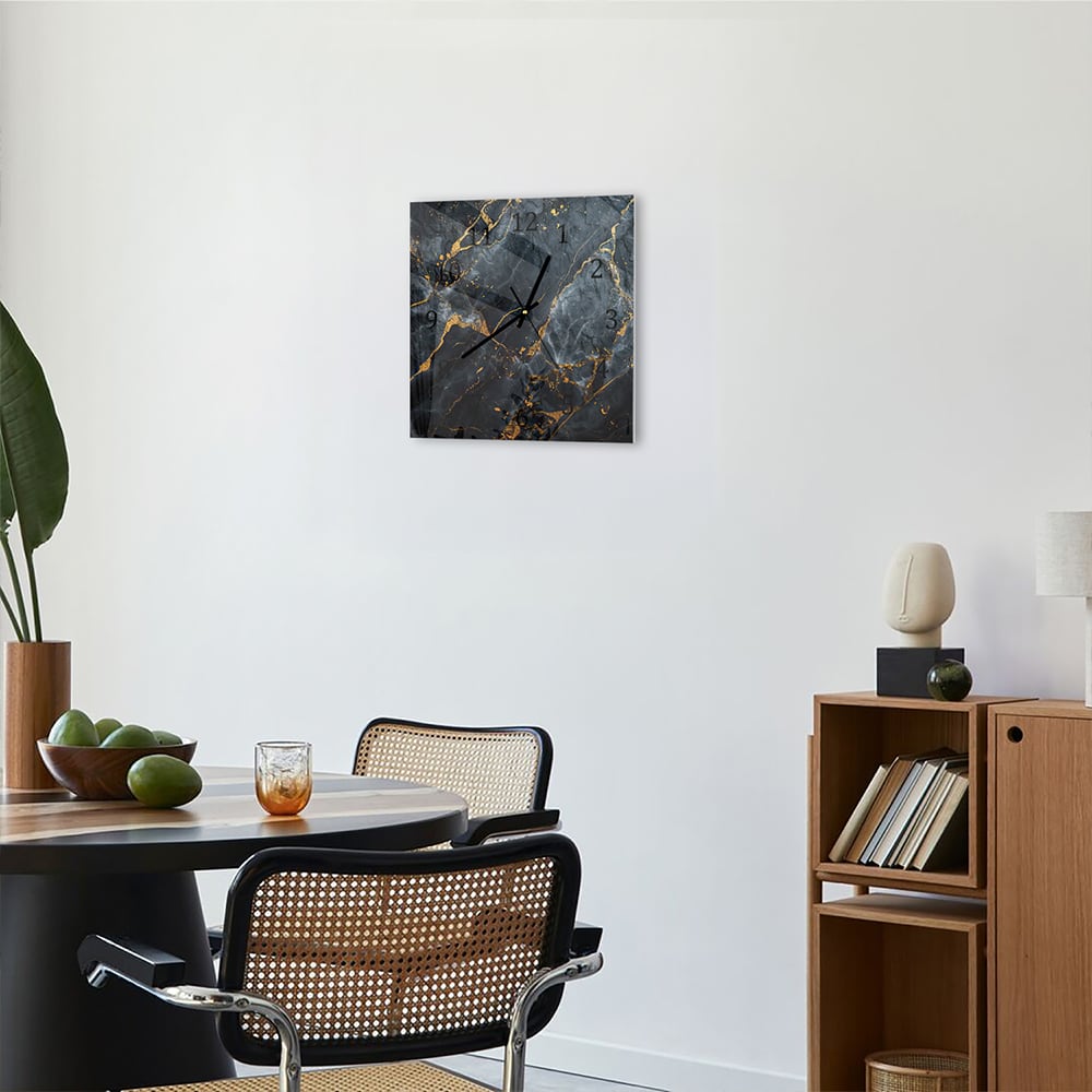 Wandklok 30x30 - Gehard Glas - Vloeiende Kunst Marmer Zwart/Goud