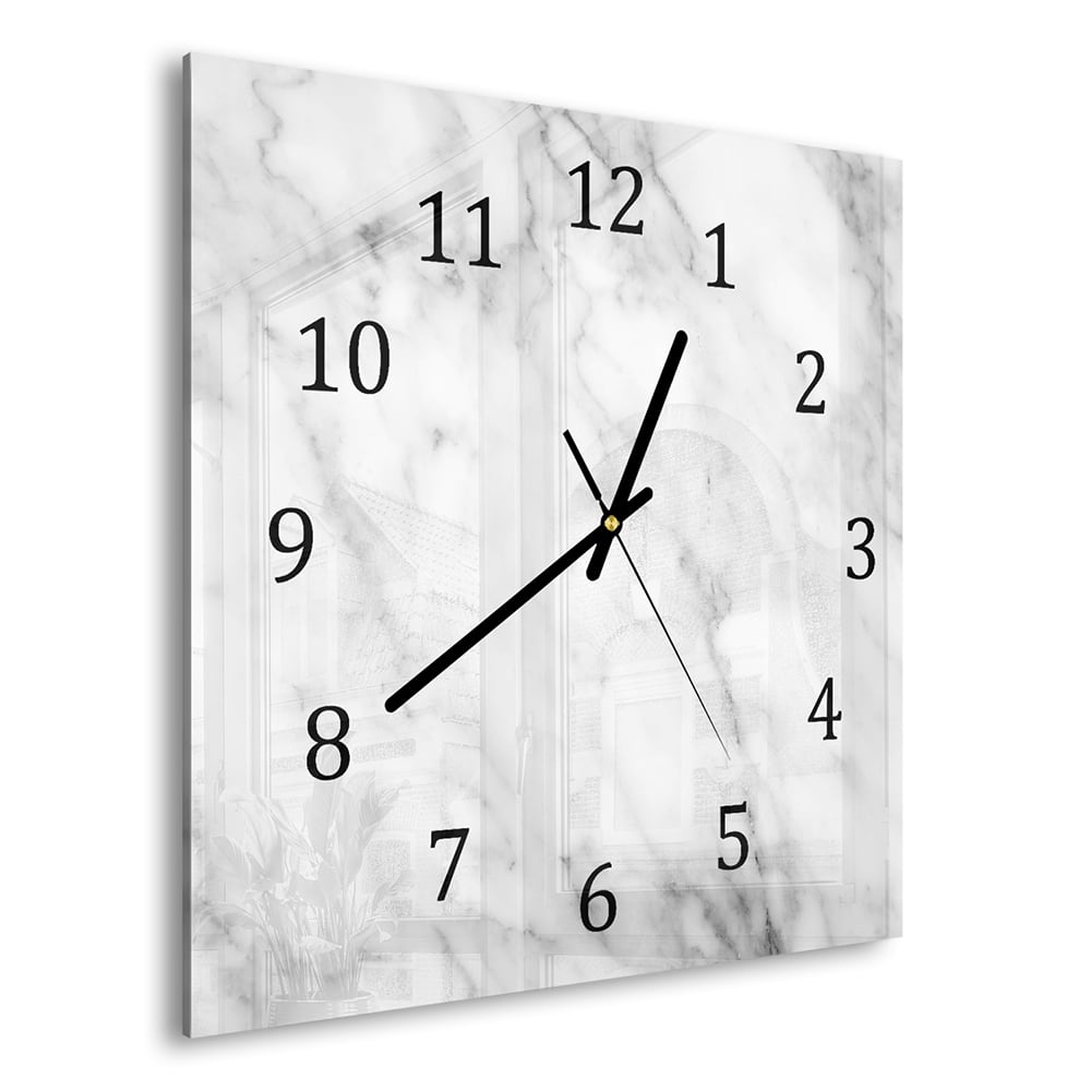 Wandklok 30x30 - Gehard Glas - Wit Marmer met Zwarte Aderen