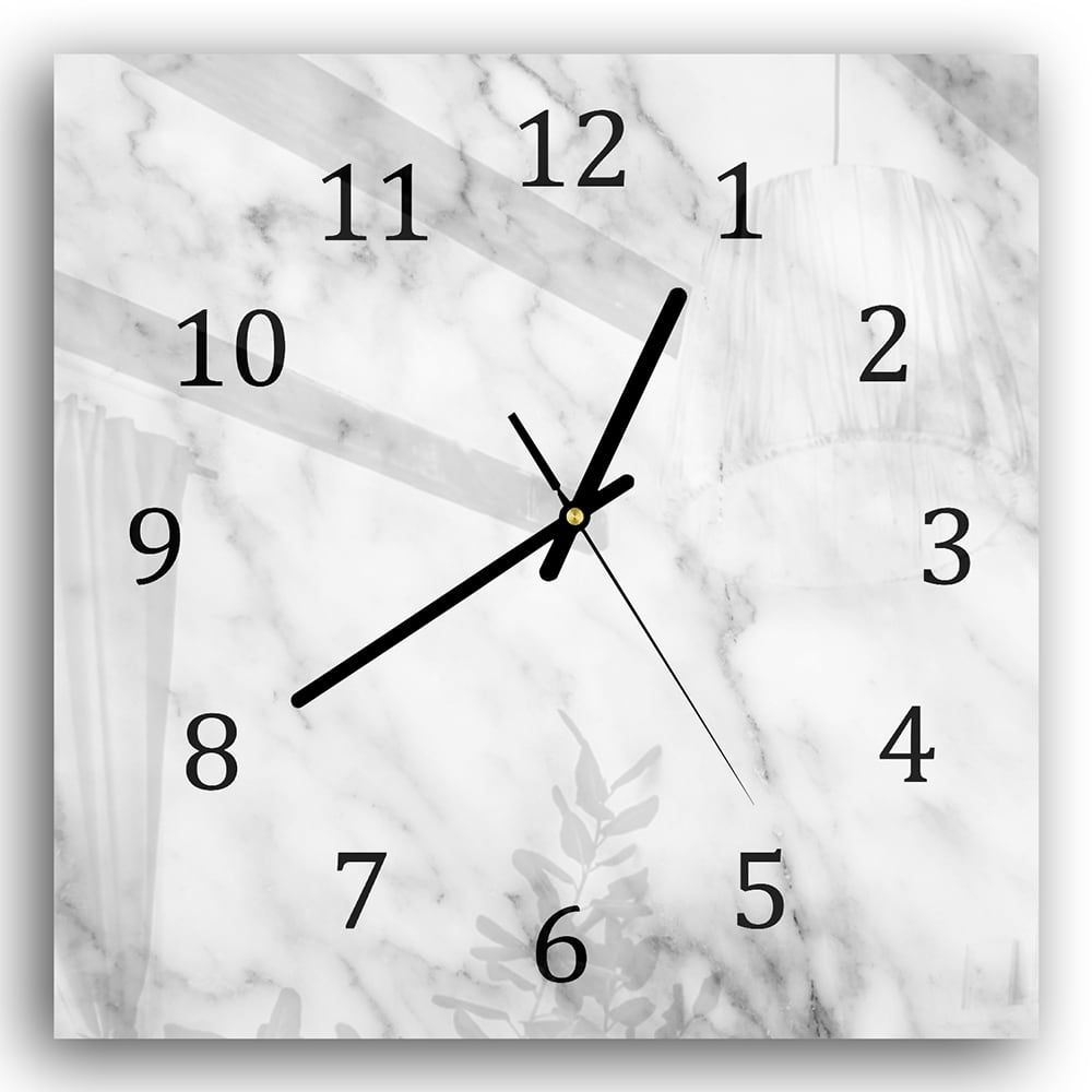 Wandklok 30x30 - Gehard Glas - Wit Marmer met Zwarte Aderen