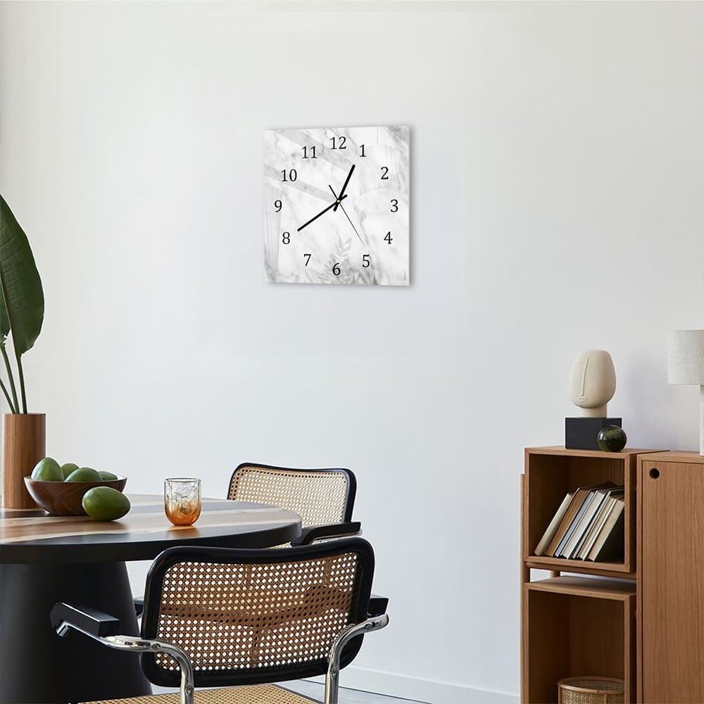 Wandklok 30x30 - Gehard Glas - Wit Marmer met Zwarte Aderen