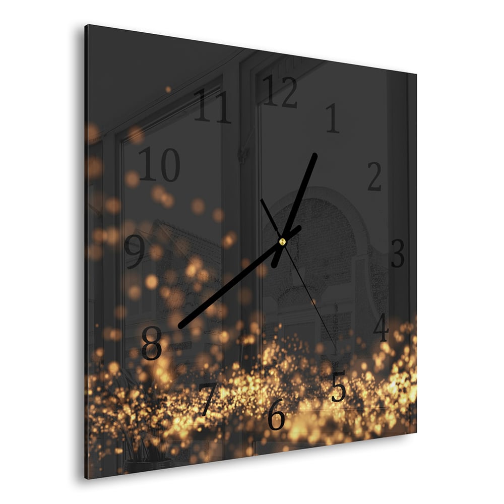 Wandklok 30x30 - Gehard Glas - Gouden Golvende Glitter Achtergrond