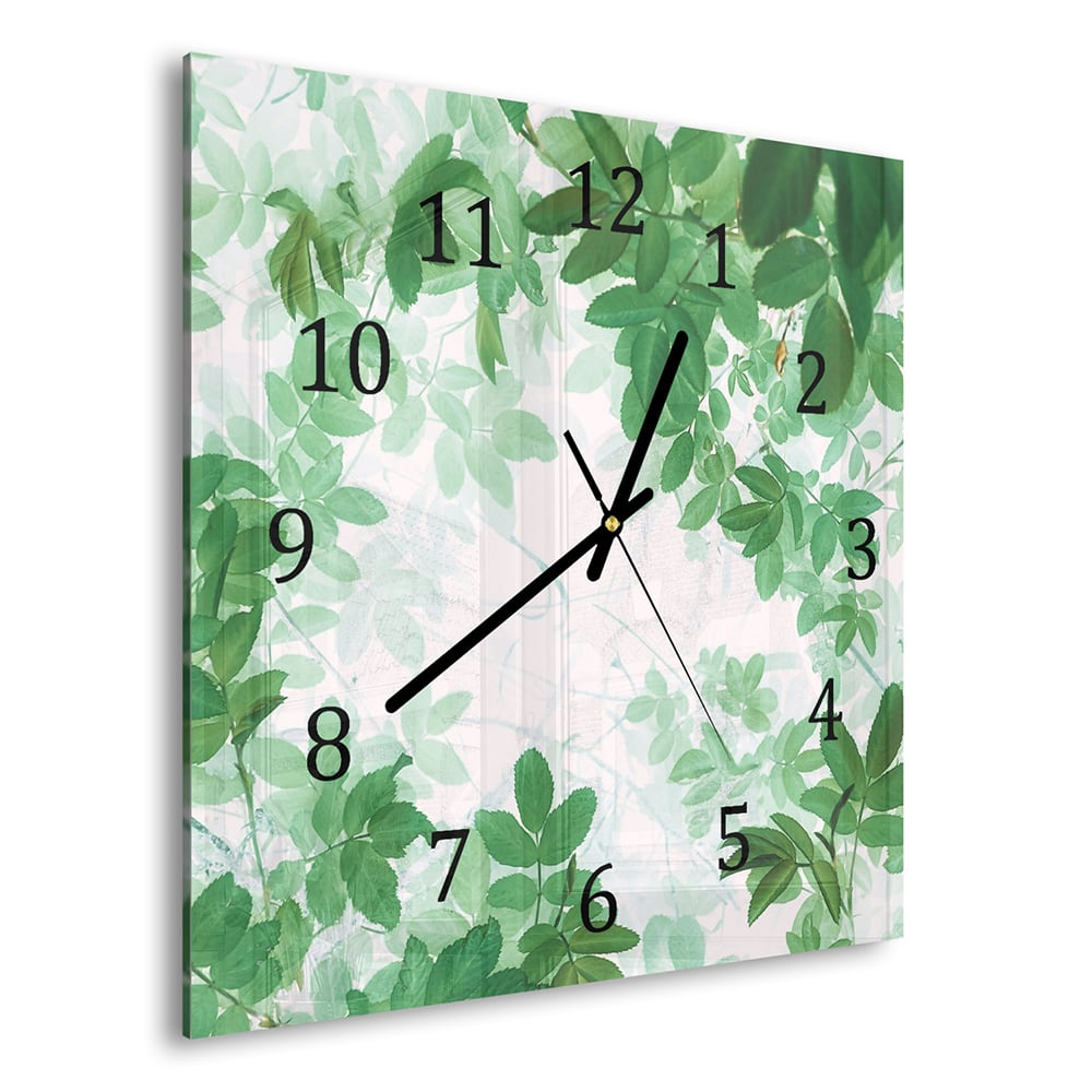 Wandklok 30x30 - Gehard Glas - Waterverf Schilderij Groene Bladeren