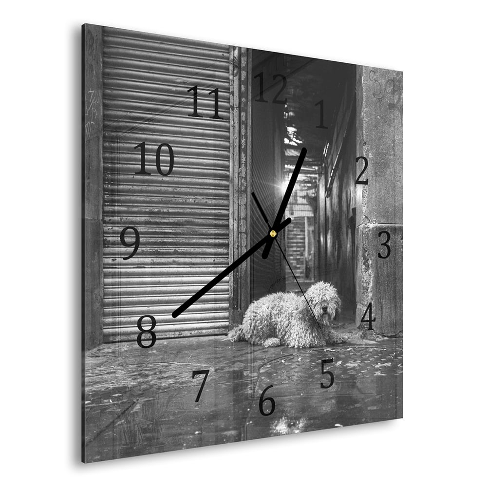 Wandklok 30x30 - Gehard Glas - Zwart-Wit Hond op Straat