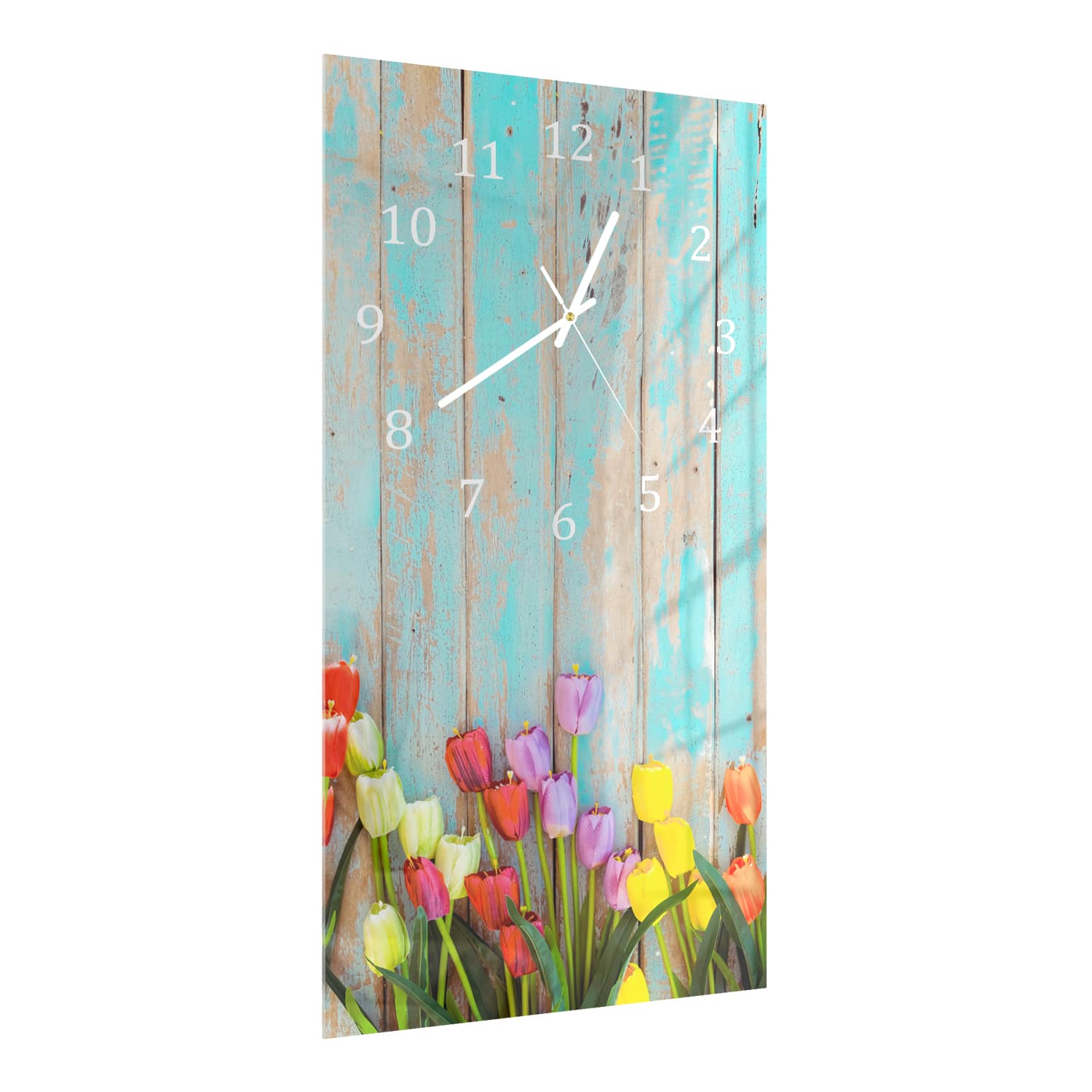 Wandklok 30x60  - Gehard Glas - Tulpen tegen Vintage Hout