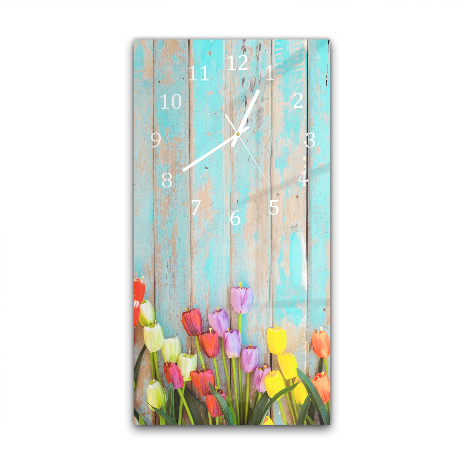 Wandklok 30x60  - Gehard Glas - Tulpen tegen Vintage Hout