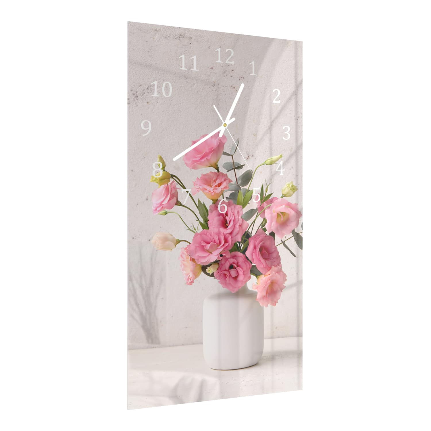 Wandklok 30x60  - Gehard Glas - Roze Eustoma in Witte Vaas