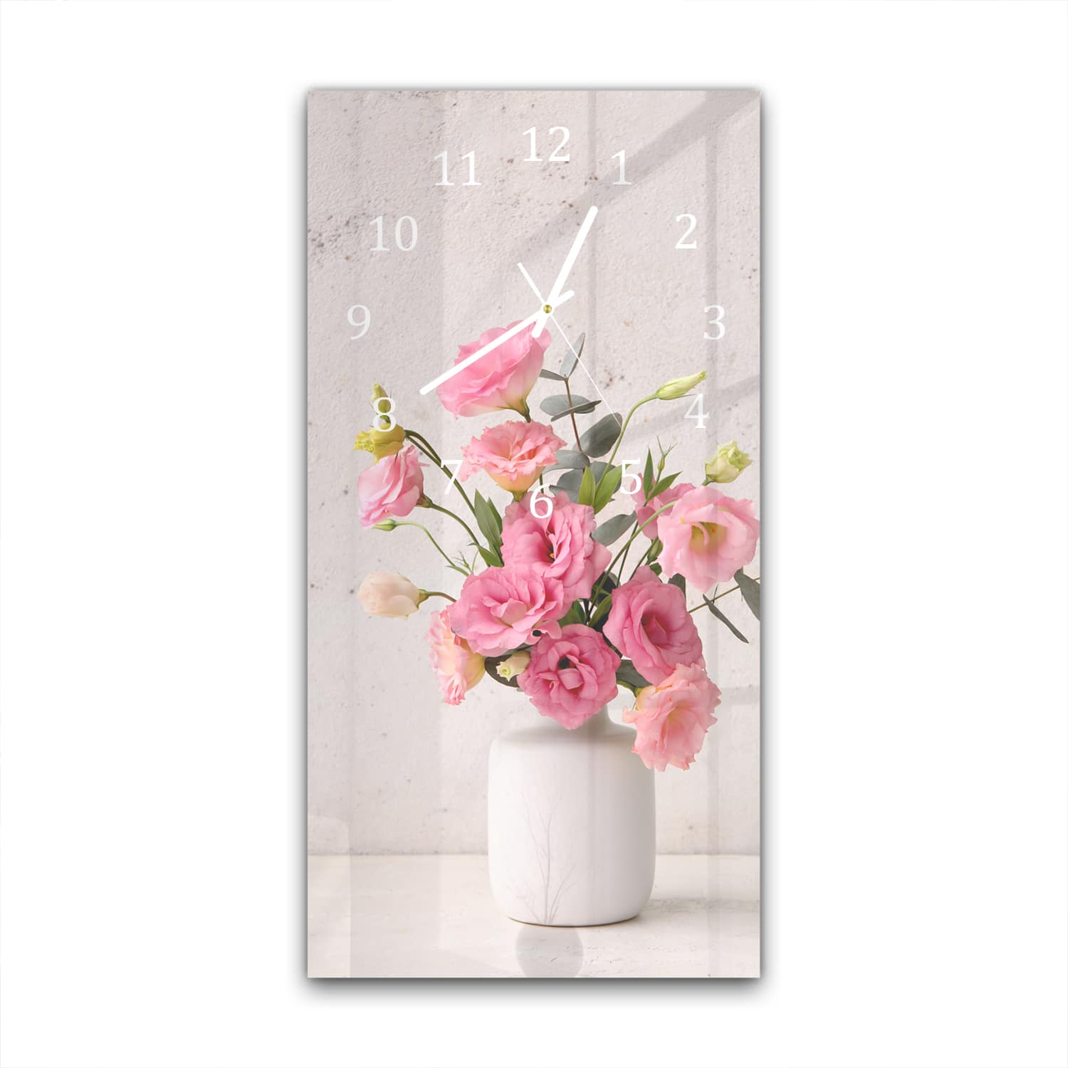 Wandklok 30x60  - Gehard Glas - Roze Eustoma in Witte Vaas