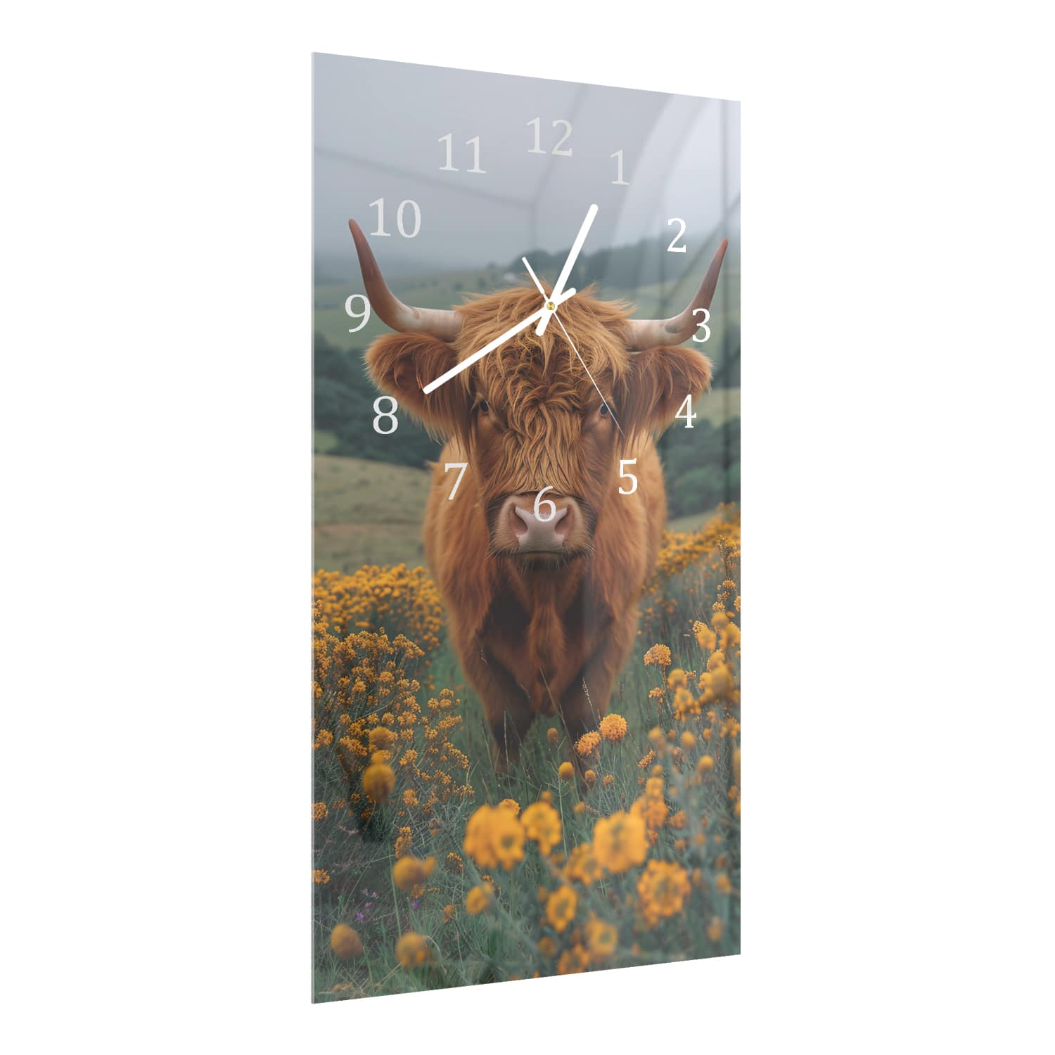 Wandklok 30x60  - Gehard Glas - Schotse Hooglander Tussen Bloemen