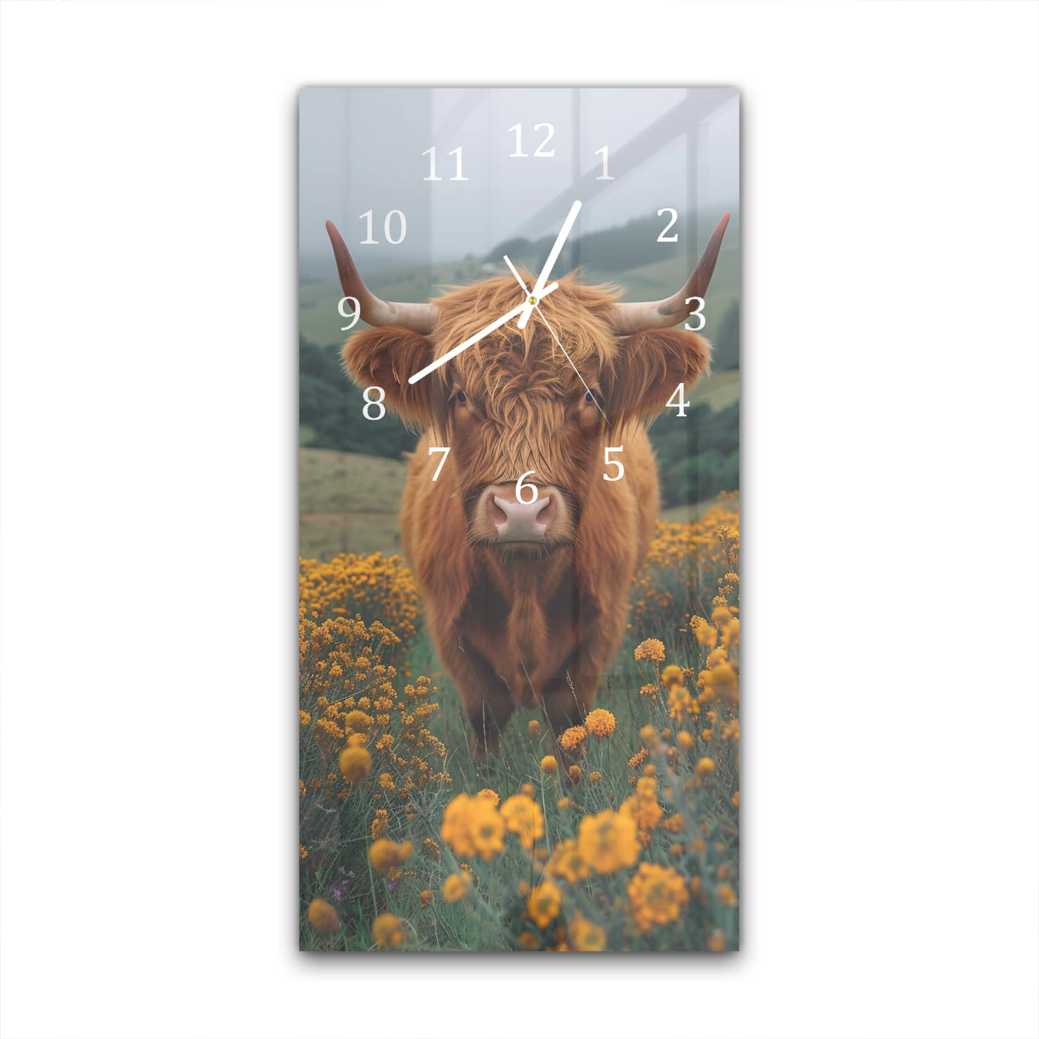 Wandklok 30x60  - Gehard Glas - Schotse Hooglander Tussen Bloemen