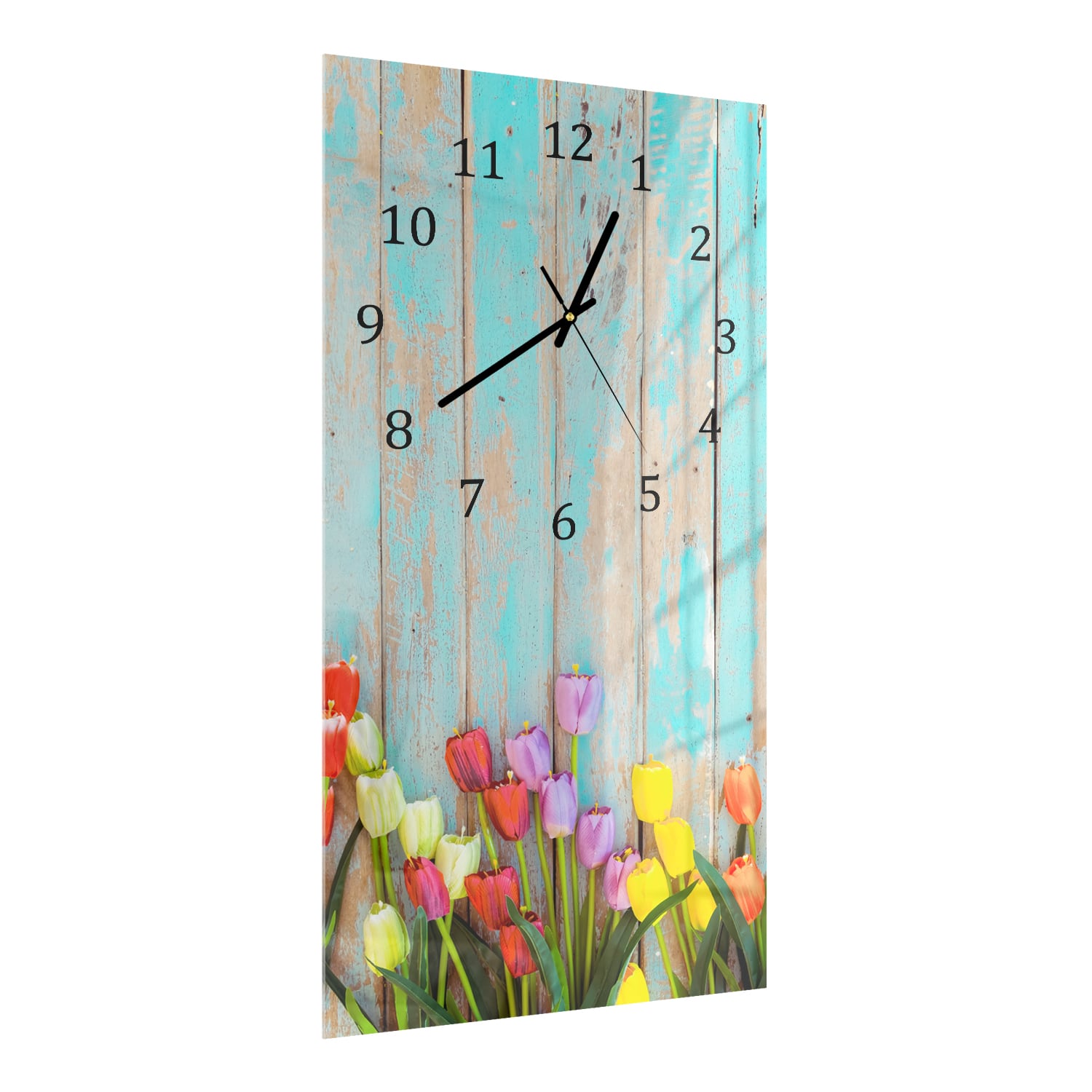 Wandklok 30x60  - Gehard Glas - Tulpen tegen Vintage Hout