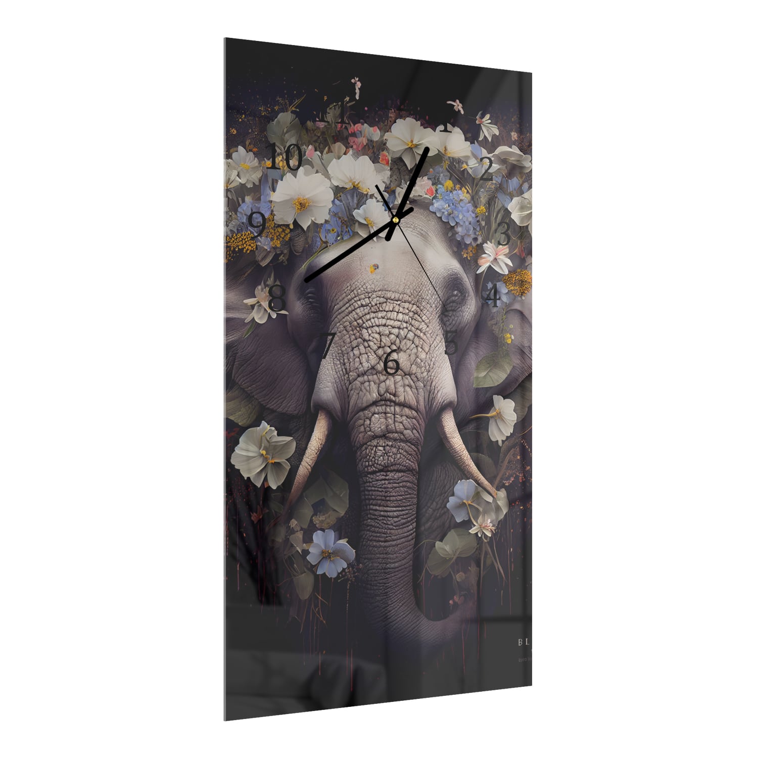 Wandklok 30x60  - Gehard Glas - Olifantenportret met Bloemen